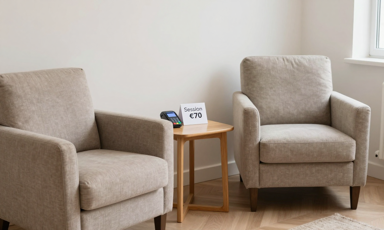 Hiljainen terapiatila, kaksi nojatuolia, pieni sivupöytä ja korttimaksupääte ajanvarauskortin vieressä
