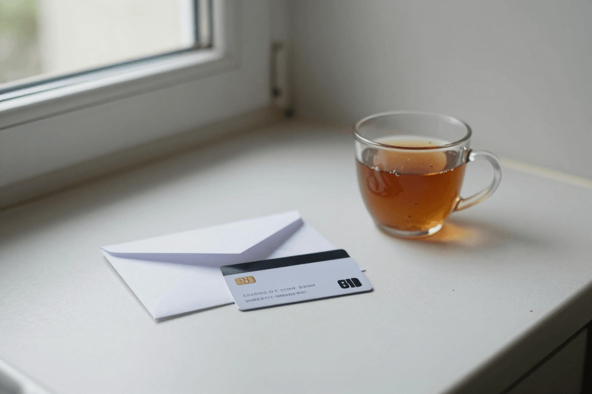 En personlig ID-handling vänd nedåt bredvid ett bankkort på en strukturerad betongyta, utan synlig identifierande information