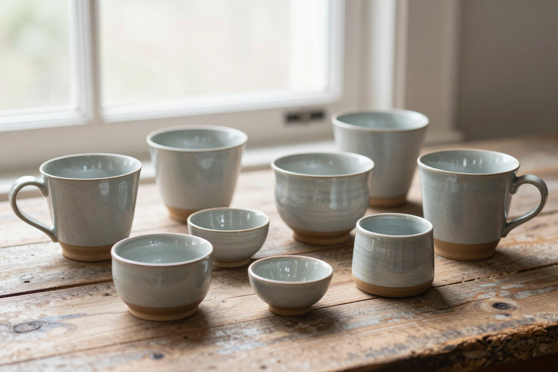 Handmade ceramic mugs and small pottery pieces arranged on a weathered wooden surface, soft natural window light, shallow depth of field, no text, no people