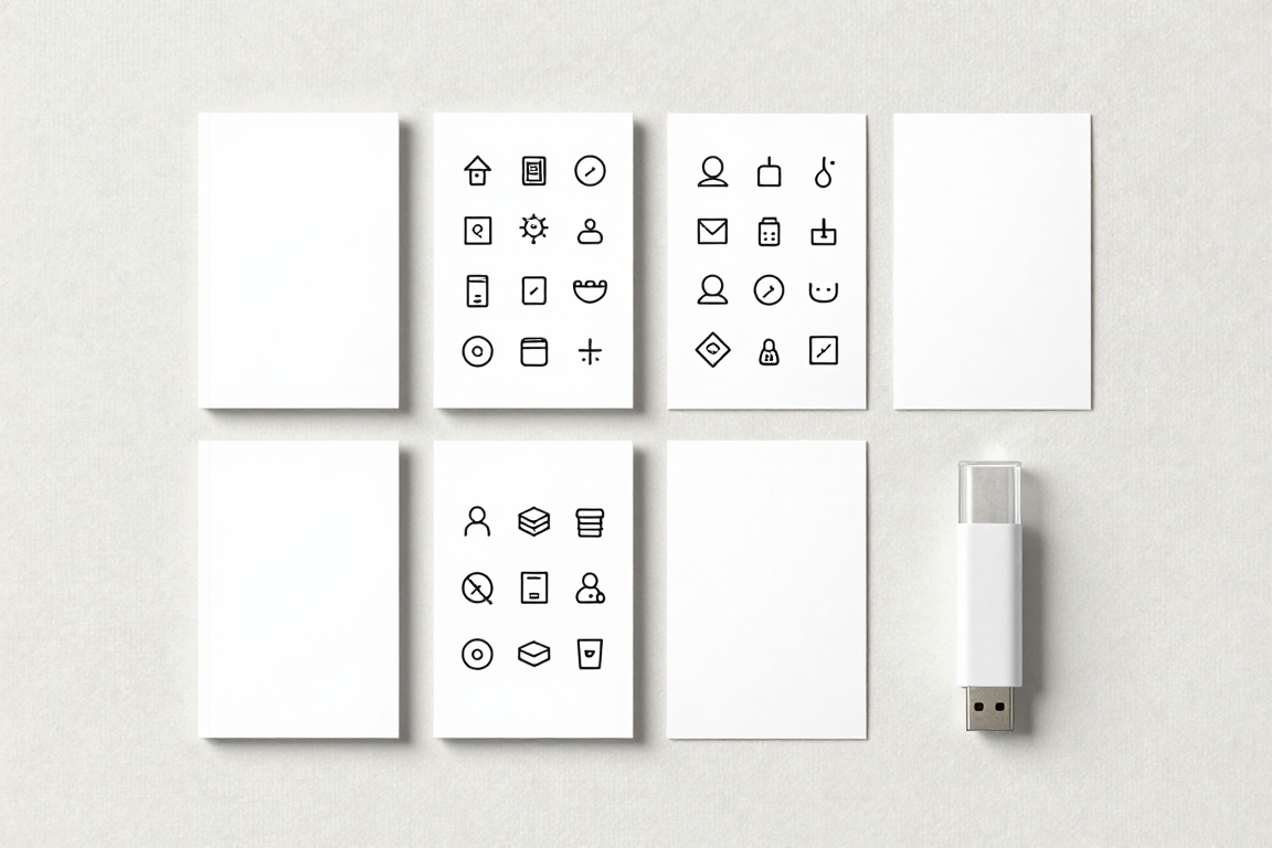 Flat lay of digital product mockups — ebook covers, icon sheets, minimal printed cards — on a light linen surface, soft overhead light