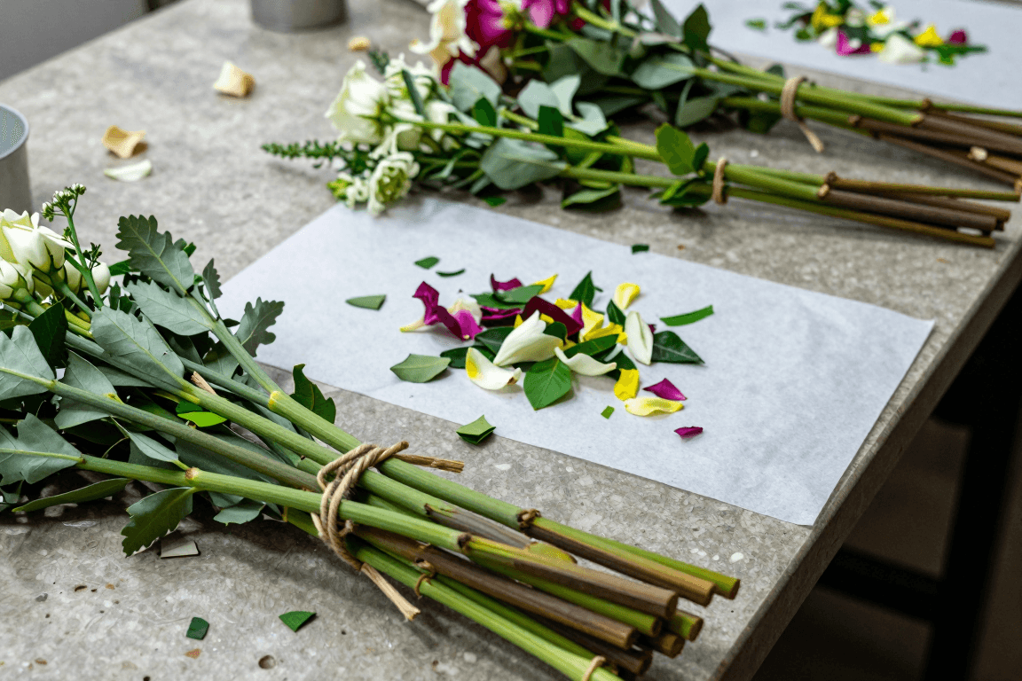 A florist's workbench with cut stems, wrapping paper, and a handwritten price card