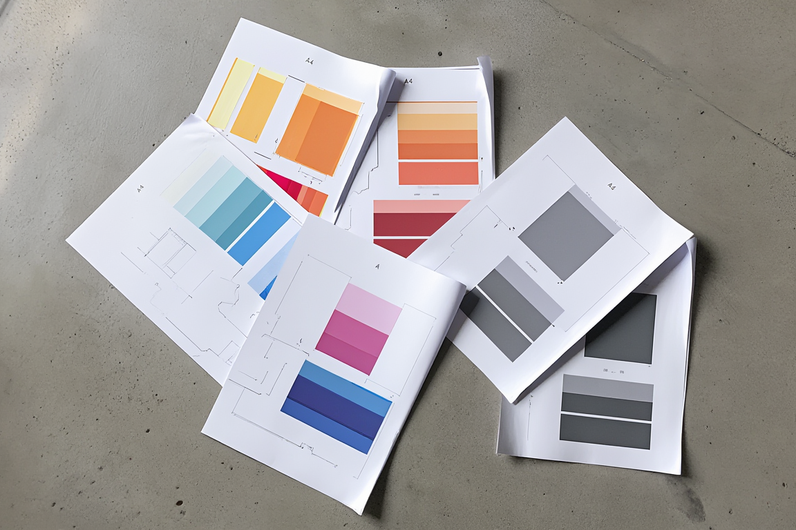 Printed design sheets spread on a concrete floor, photographed from directly above