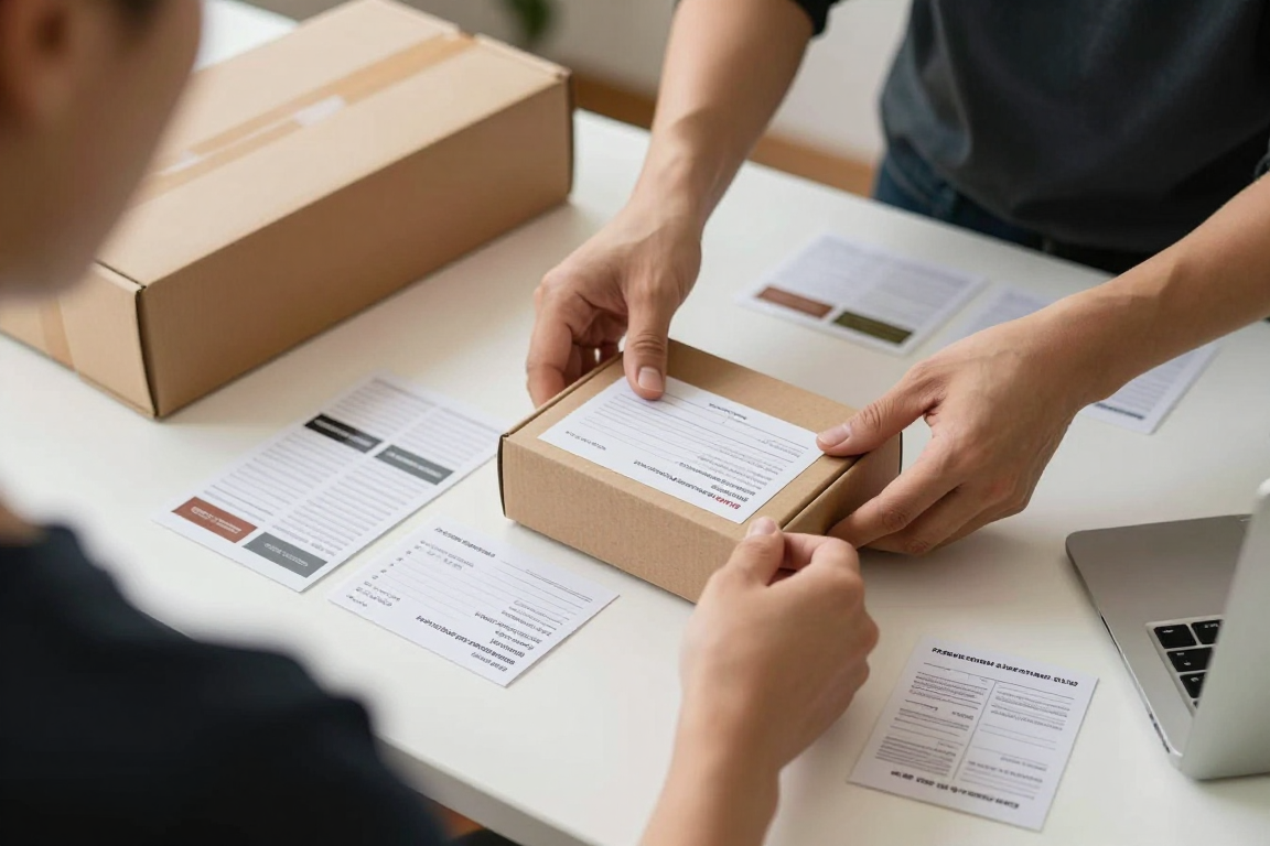 Editorial photo of a maker packing a paid order at a worktable with printed product cards, kraft boxes, and a single checkout card beside the package