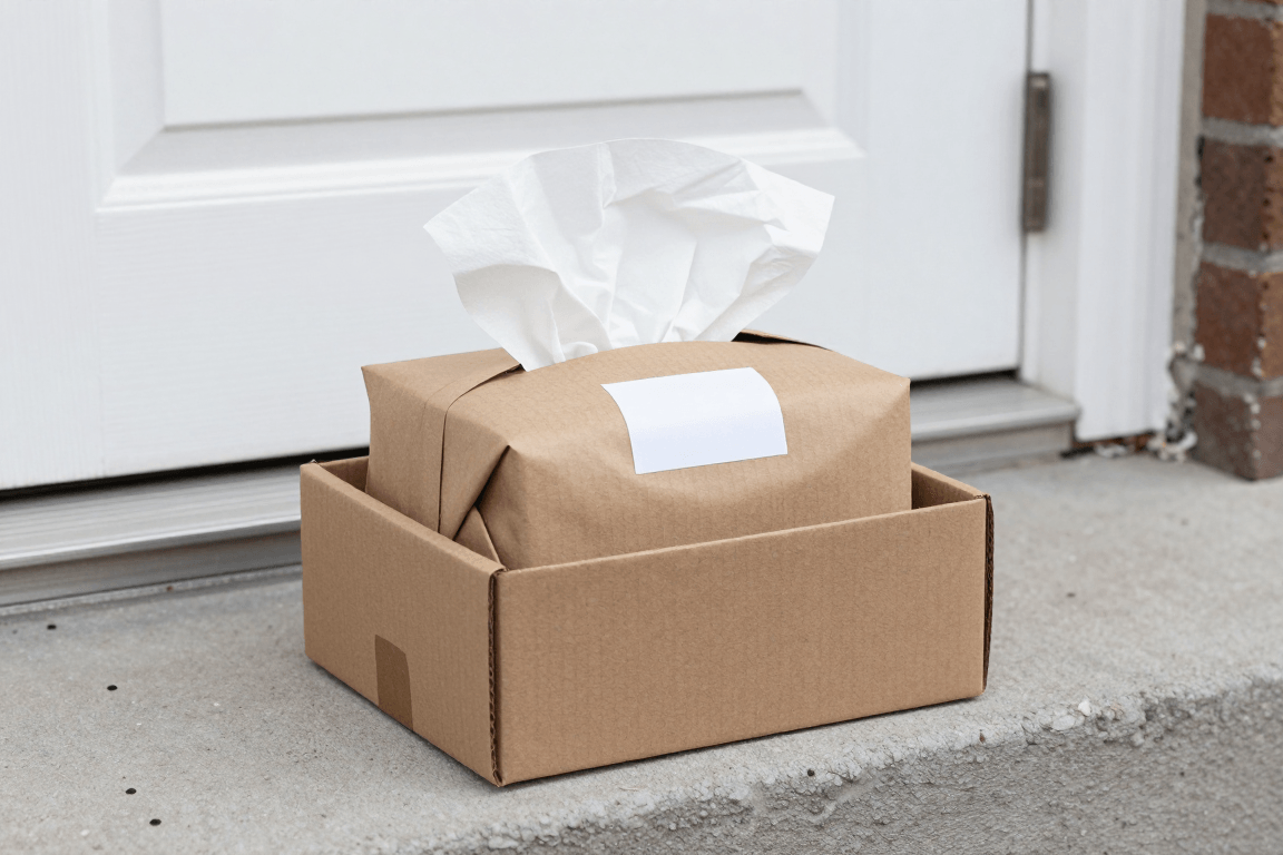 Ferdig håndlaget produkt i en fraktboks på et trappetrinn i betong