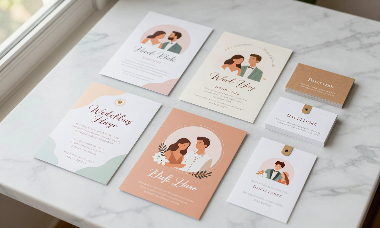 Colorful printed design samples with price tags arranged on a white marble surface