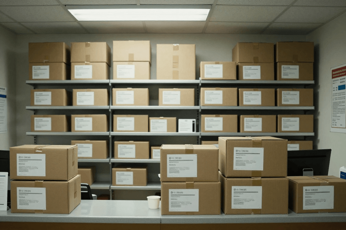 A post office counter with parcel boxes and printed labels stacked on a shelf behind the counter