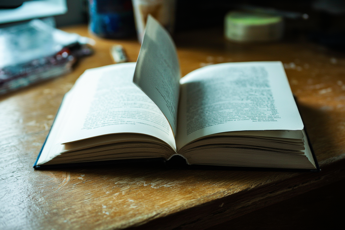 Printed manuscript pages stacked and fanned on a rough stone surface, pencil corrections visible, flat cool light from above