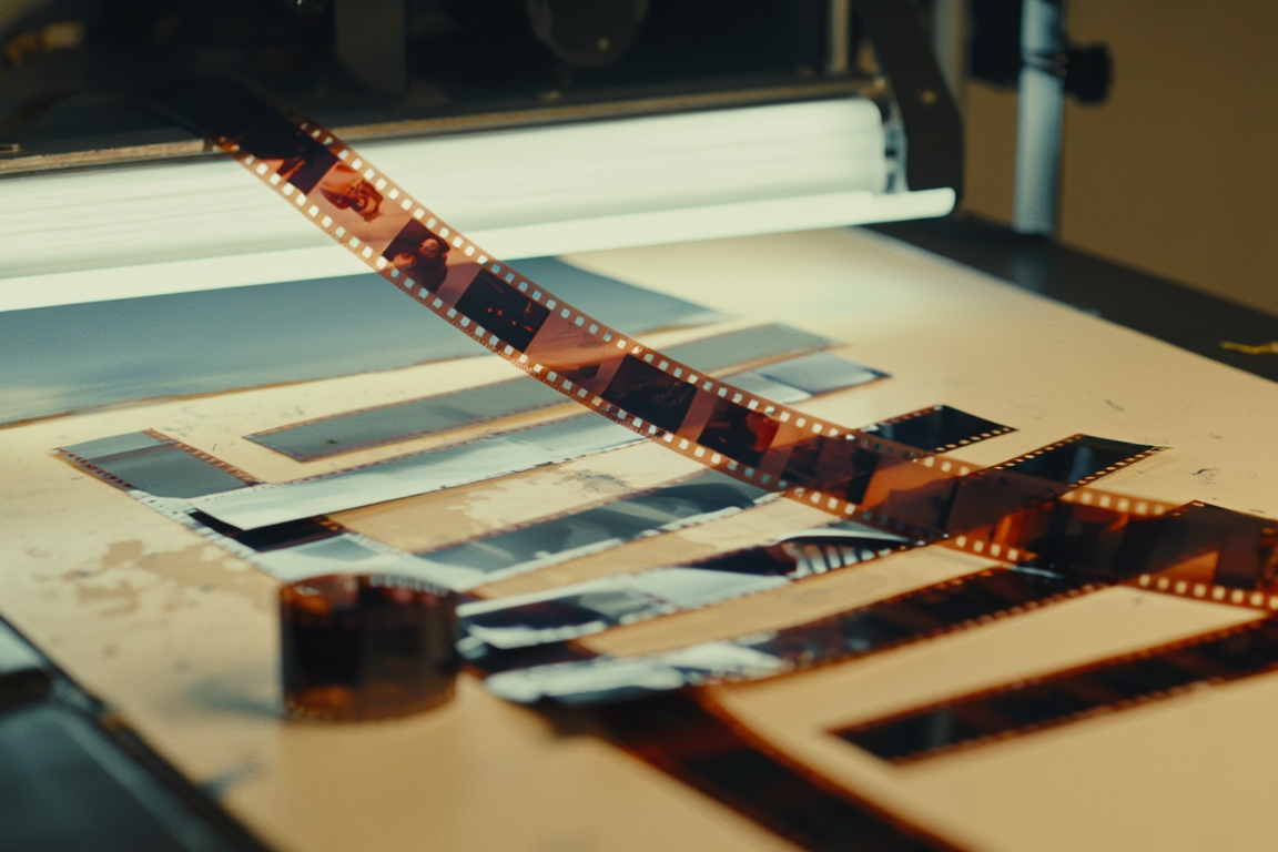 Developed photographic film strip over a light table, contact sheets spread beneath on a worn work surface