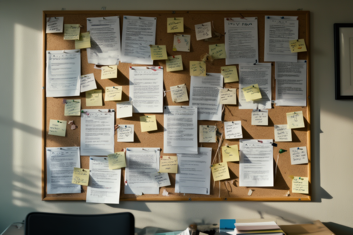 Dense cork pinboard covered in index cards, printed sheets and sticky notes, raking side light