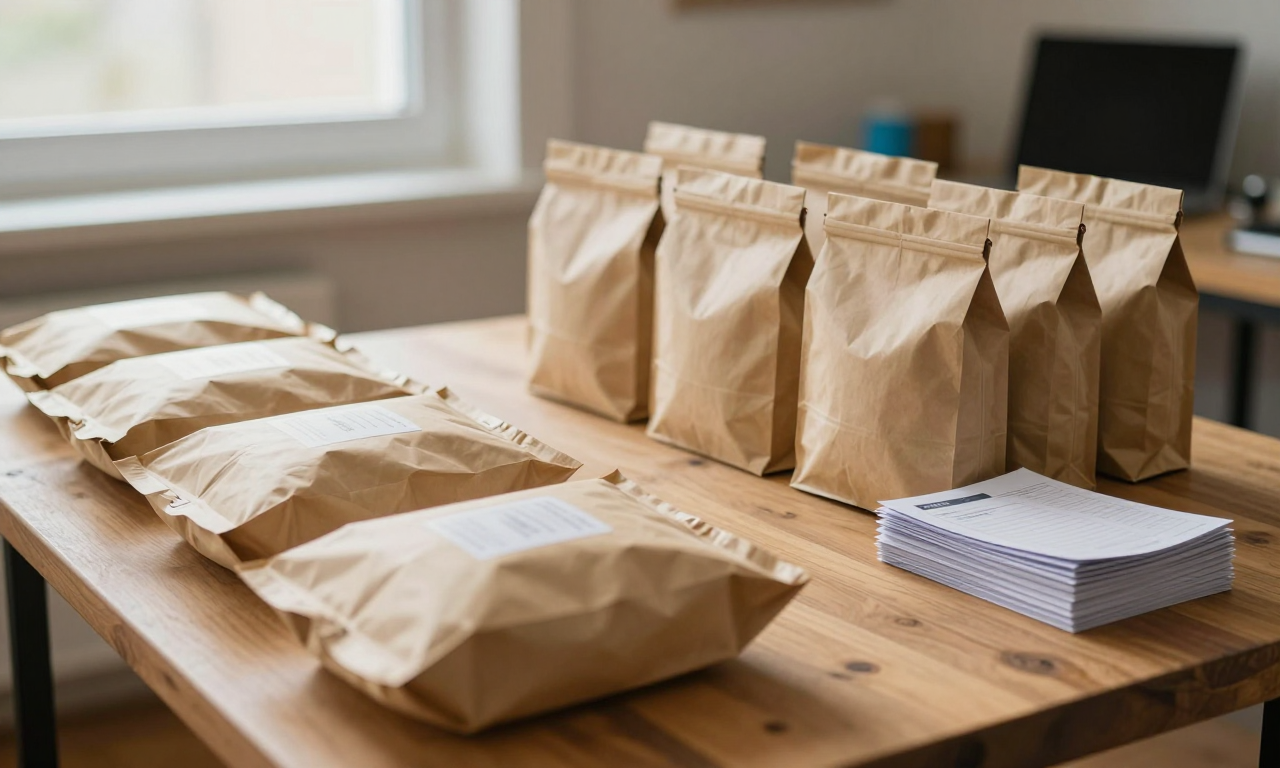 Et pakkebord med et trykt skilt for Telegram-bestillinger og pent stablede kort for betalte ordre