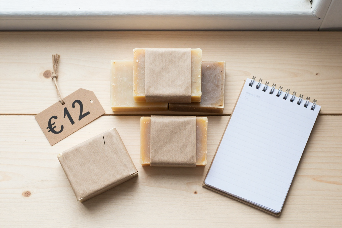 Flat lay of handmade soap bars wrapped in kraft paper with a price tag reading €12, a small notebook with handwritten notes, on a light wood surface