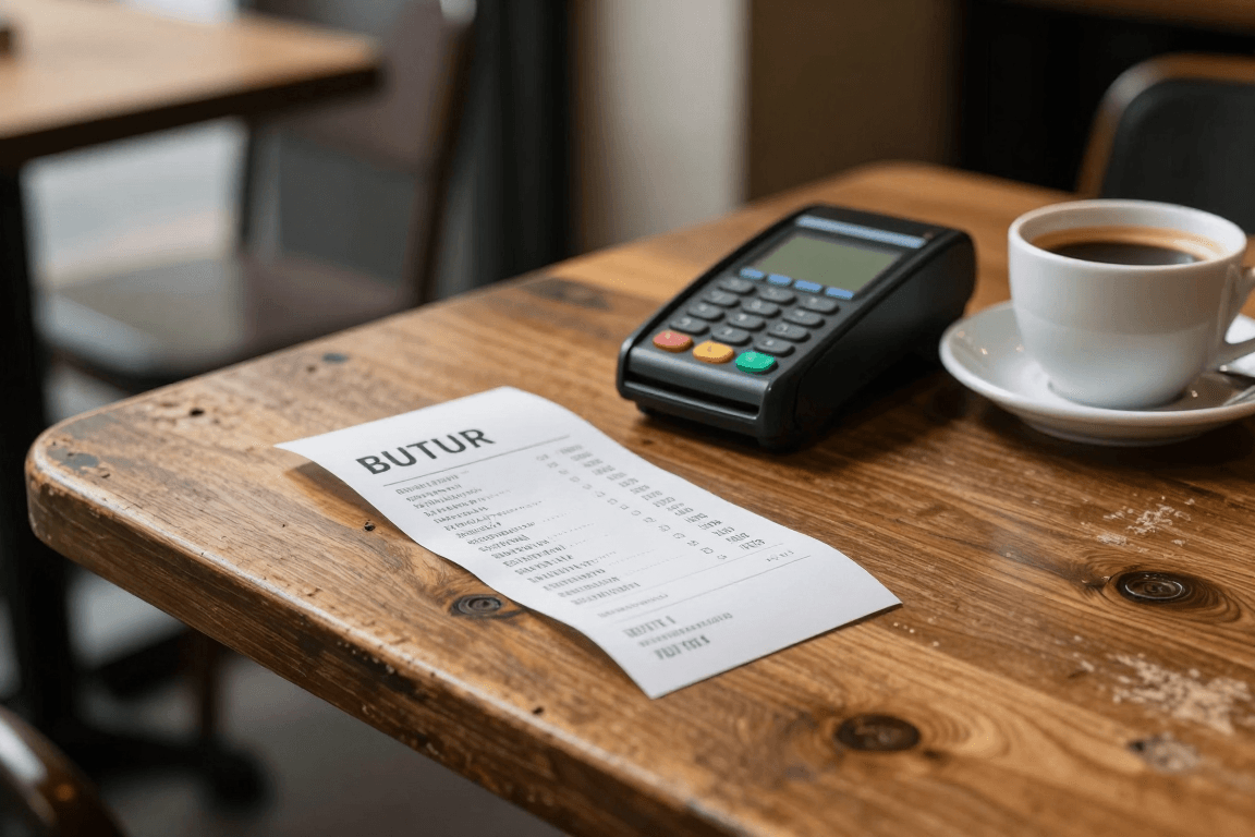 Ett slitet cafébord i trä med papperskvitto, kortterminal och kaffekopp i varmt sidoljus