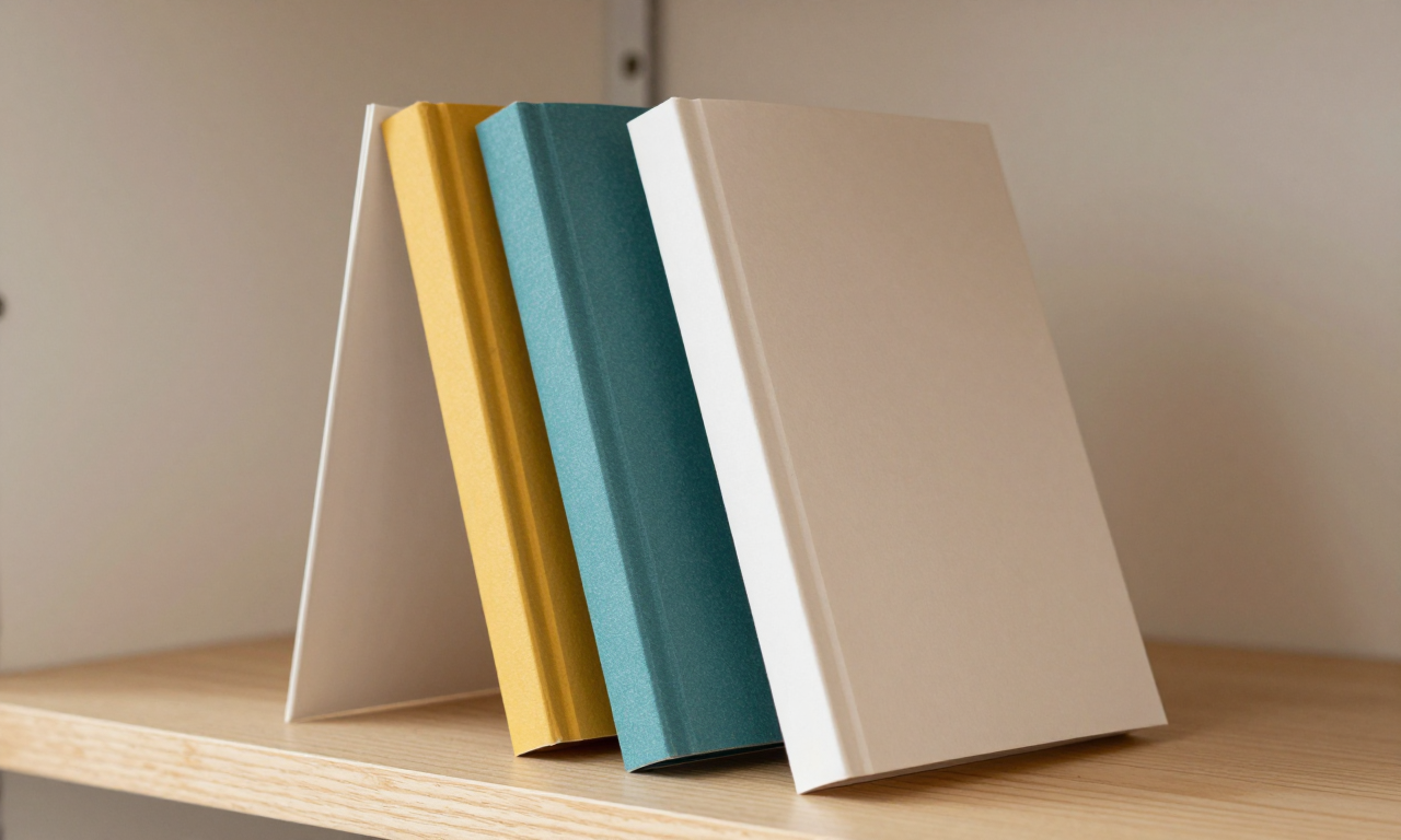 Tre tynne trykte hefter i sennepsgul, petrolblått og brukket hvitt lent mot hverandre på en trehylle