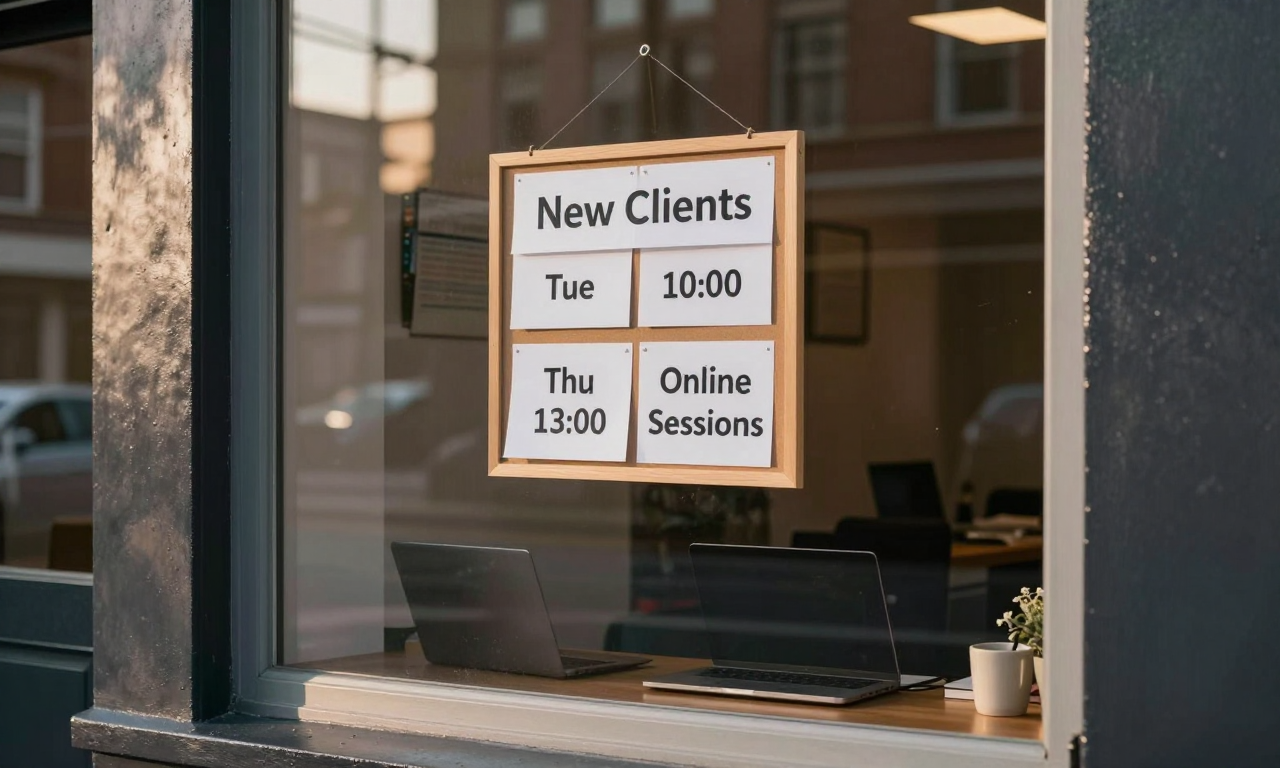 Rauhallinen terapiatila, kaksi tuolia, seinäkalenteri ja avoin ajanvarausvihko pienellä pöydällä